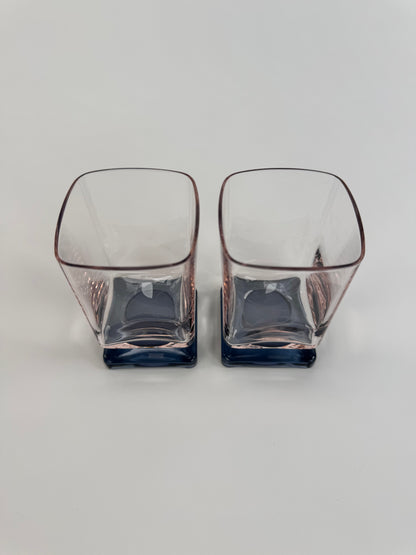 Vintage 1970s DiSaronno Square Amaretto Glasses - Pink & Blue - Set of 2