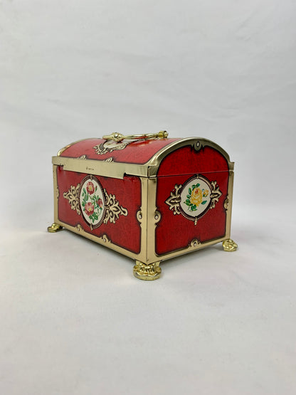 Vintage Blue Bird Confectionery Locking Treasure Box Tin with Lock & Key - Red & Gold Florals