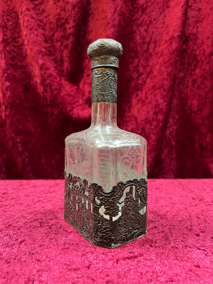 Vintage Barware - Antique 18th Century Etched Glass Decanter - Silver Repousse - German