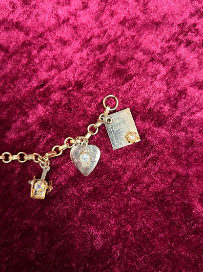 Vintage Jewelry - Dainty Charm Bracelet - Gold Tone - My Diary