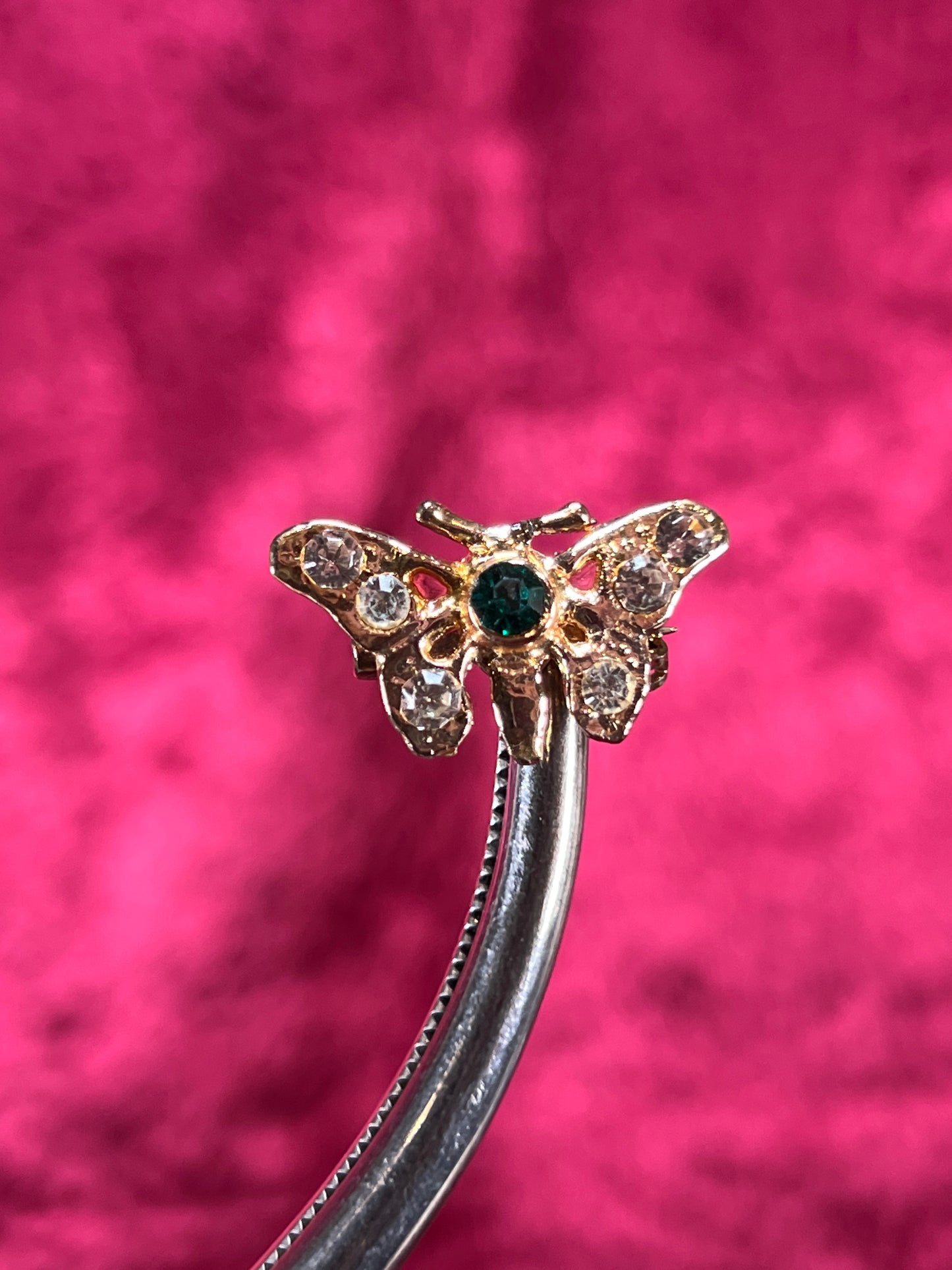 Vintage Jewelry - Brooch - Gold Tone Moth - Clear and Green Rhinestones