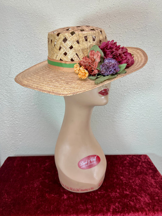 Vintage Accessories - Straw Sun Hat - Faux Flowers on Ribbon - Medium - The Hat Factory