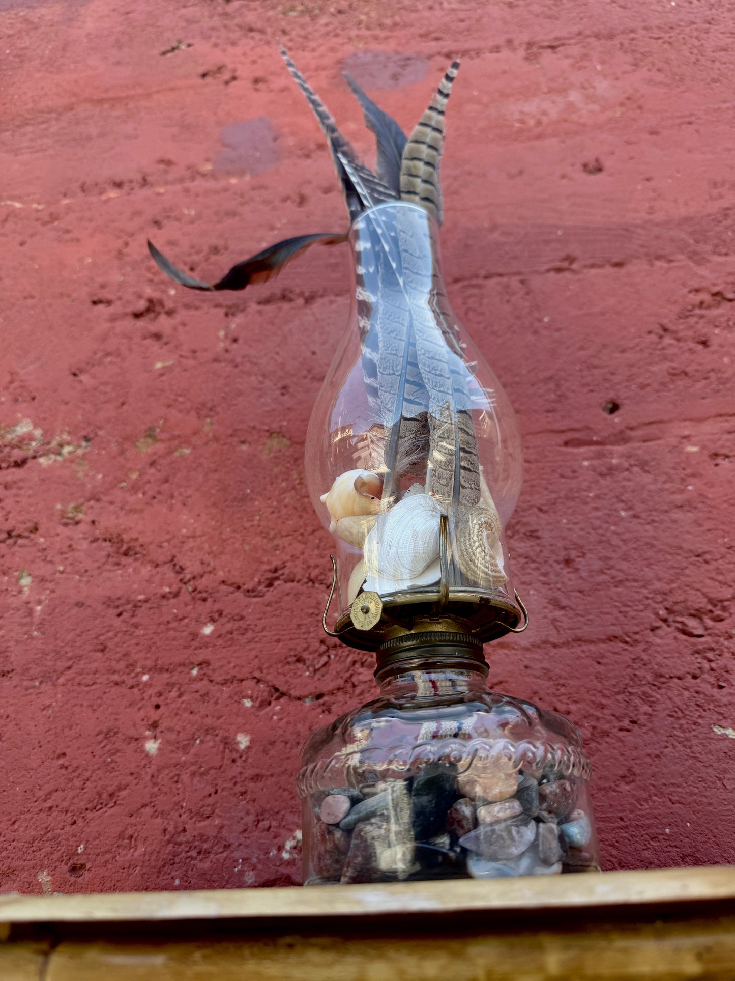 Vintage Glass Oil Lamp – Natural Feather and Shell Curio Display