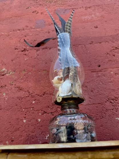 Vintage Glass Oil Lamp – Natural Feather and Shell Curio Display