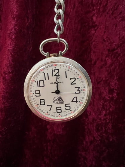 Vintage Metal Pocket Watch - Majestime Swiss Made Railroad Train with Chain