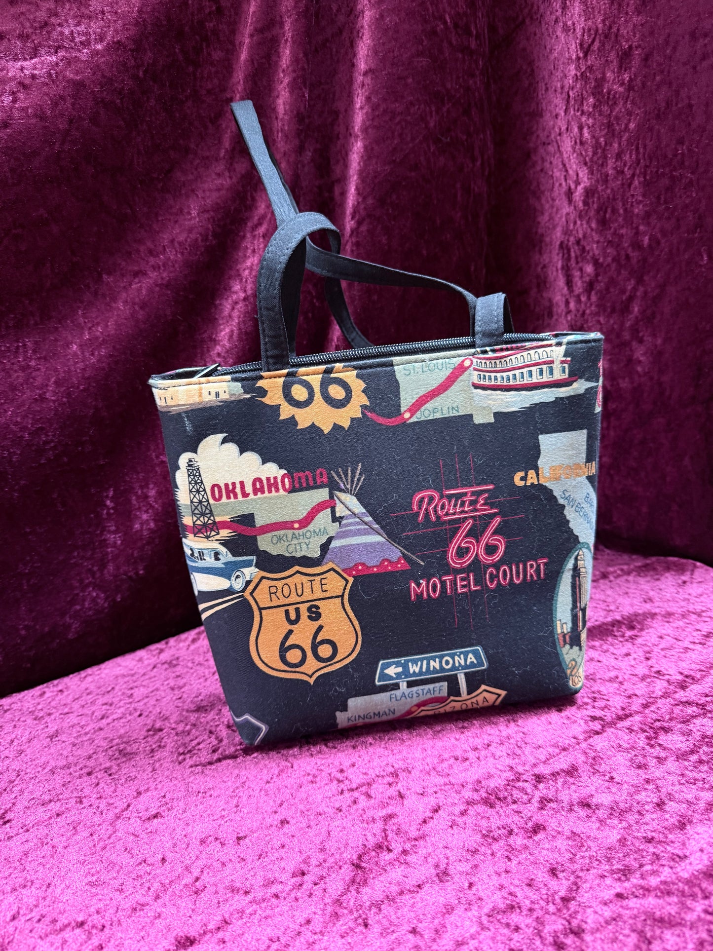 Vintage Y2K Route 66 Shoulder Bag – Rhinestone Road Trip Print