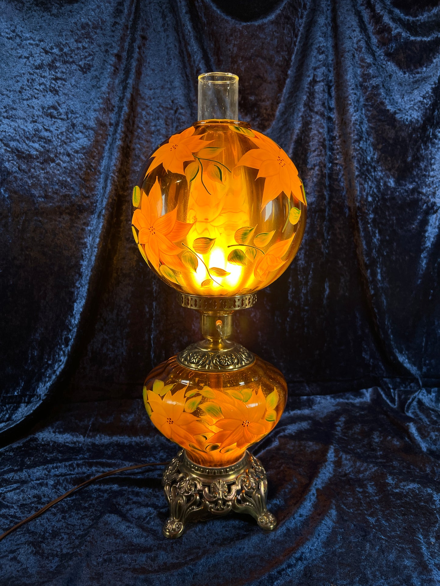 Vintage Amber Glass Parlor Lamp – Hand Painted Yellow Flowers Double Globe Hurricane Style