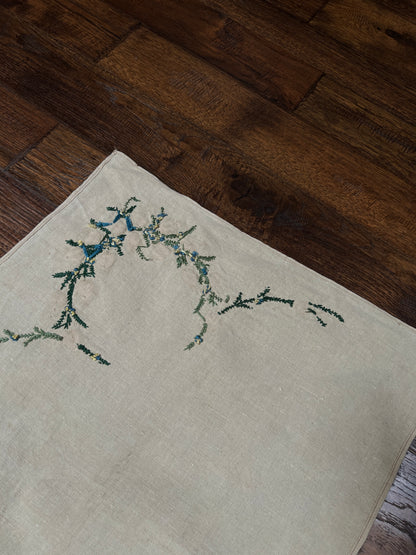 Vintage Rectangular Linen Table Runner - Hand Embroidered Puffy Pink Rosebud Vine