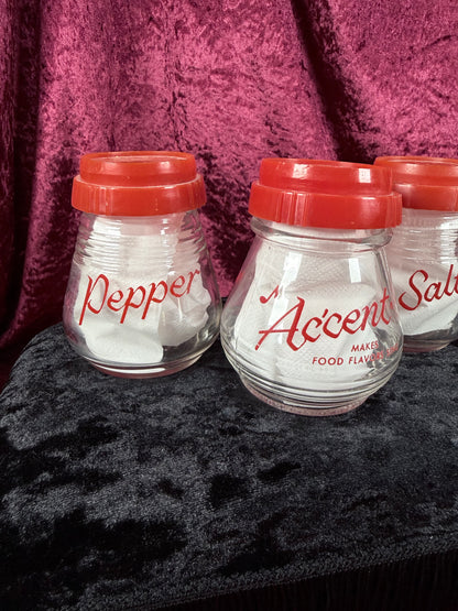 Vintage Owens Illinois Glass Spice Shaker Set - Salt Pepper Accent Red Lids Trio