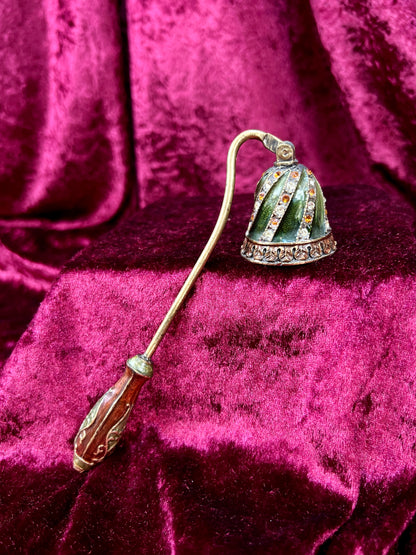 Vintage Brass Enamel Candle Snuffer - Jeweled Green Victorian Revival