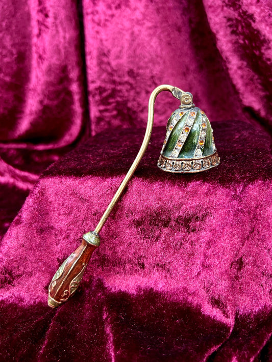Vintage Brass Enamel Candle Snuffer - Jeweled Green Victorian Revival