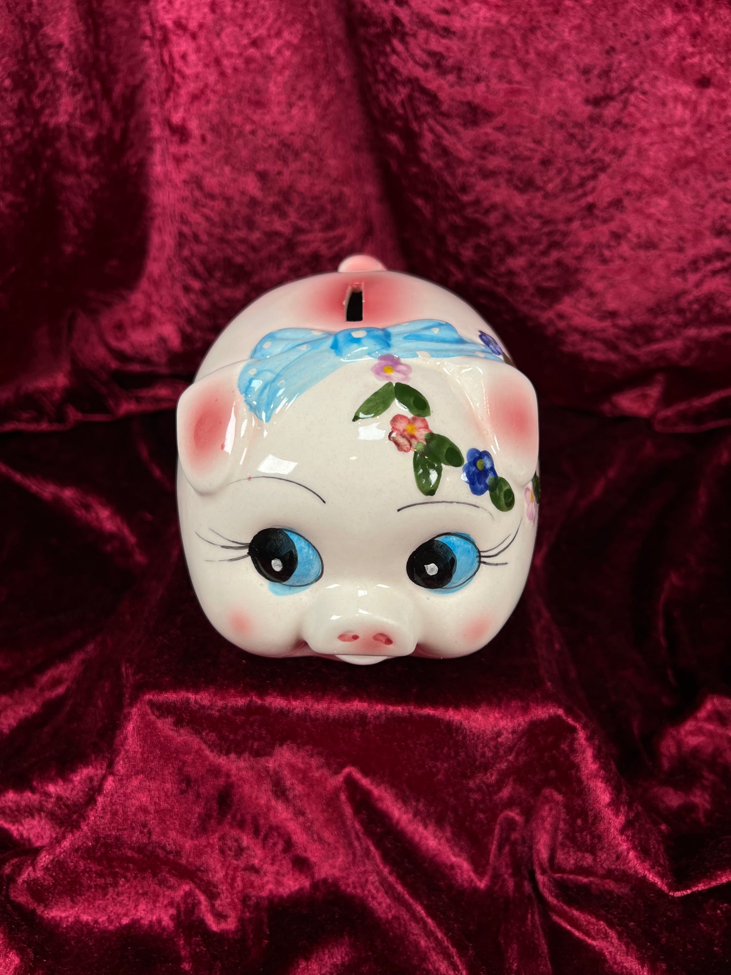 Vintage Ceramic Piggy Bank - Anthropomorphic Blue Eyed Kitsch Pig
