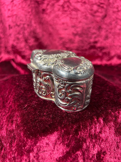 Vintage Jewelry Box - Antique Silver Patina - Double Hearts with Floral Filigree - Red Velvet Lining