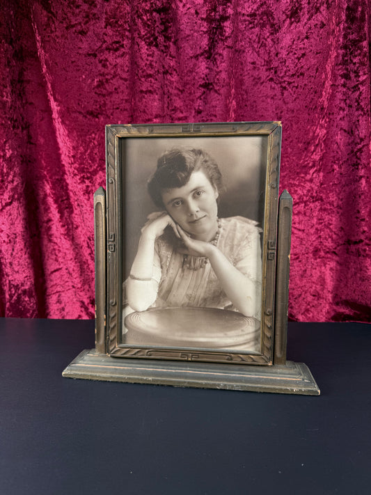 Antique Home Decor - Art Deco Tabletop Tilting Picture Frame - Black & White Photo of A Lady