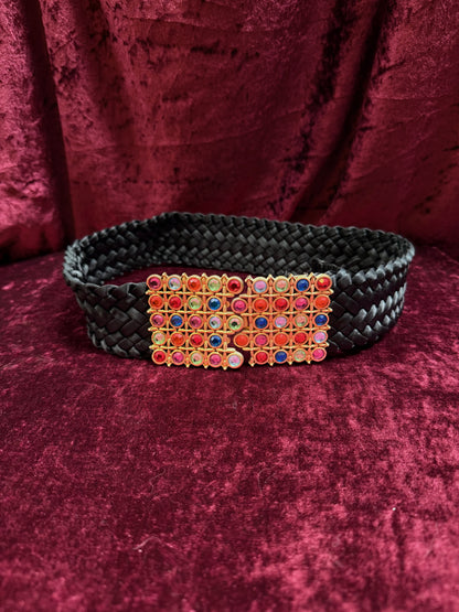 Vintage Accessories - Rainbow Gemstone Belt Buckle on Woven Black Belt - 27”