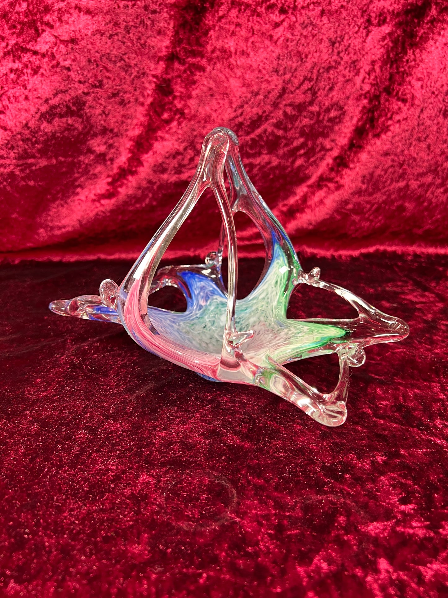 Vintage Art Glass - Glass Basket Candy Bowl - Blue, Green, and Pink - Murano