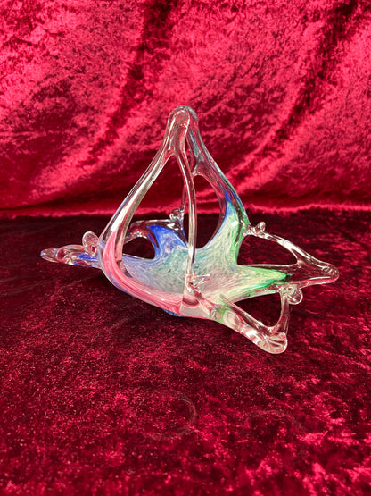 Vintage Art Glass - Glass Basket Candy Bowl - Blue, Green, and Pink - Murano