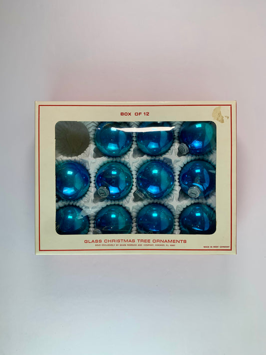 Vintage Christmas Decor - Handblown Glass Ornaments - Peacock Blue - Sears Roebuck and Co. - West Germany