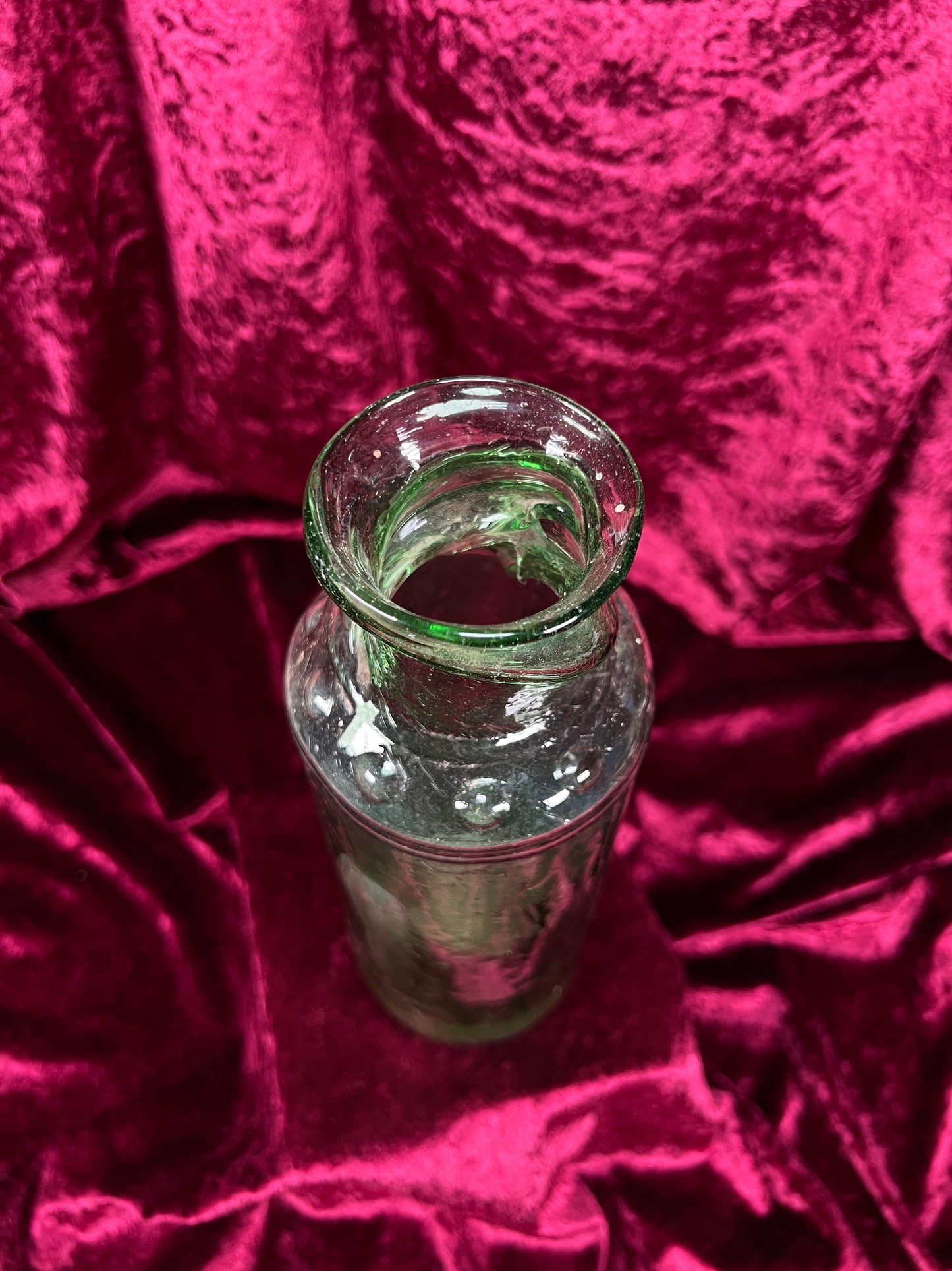 Vintage Hand Blown Green Glass Bottle - Twisted Rim Open Mouth Vase