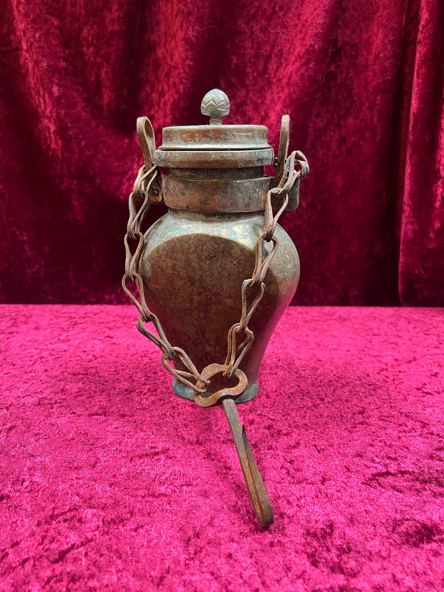 Vintage Oddities - Antique Copper Lidded Vessel with Iron Wood Hook