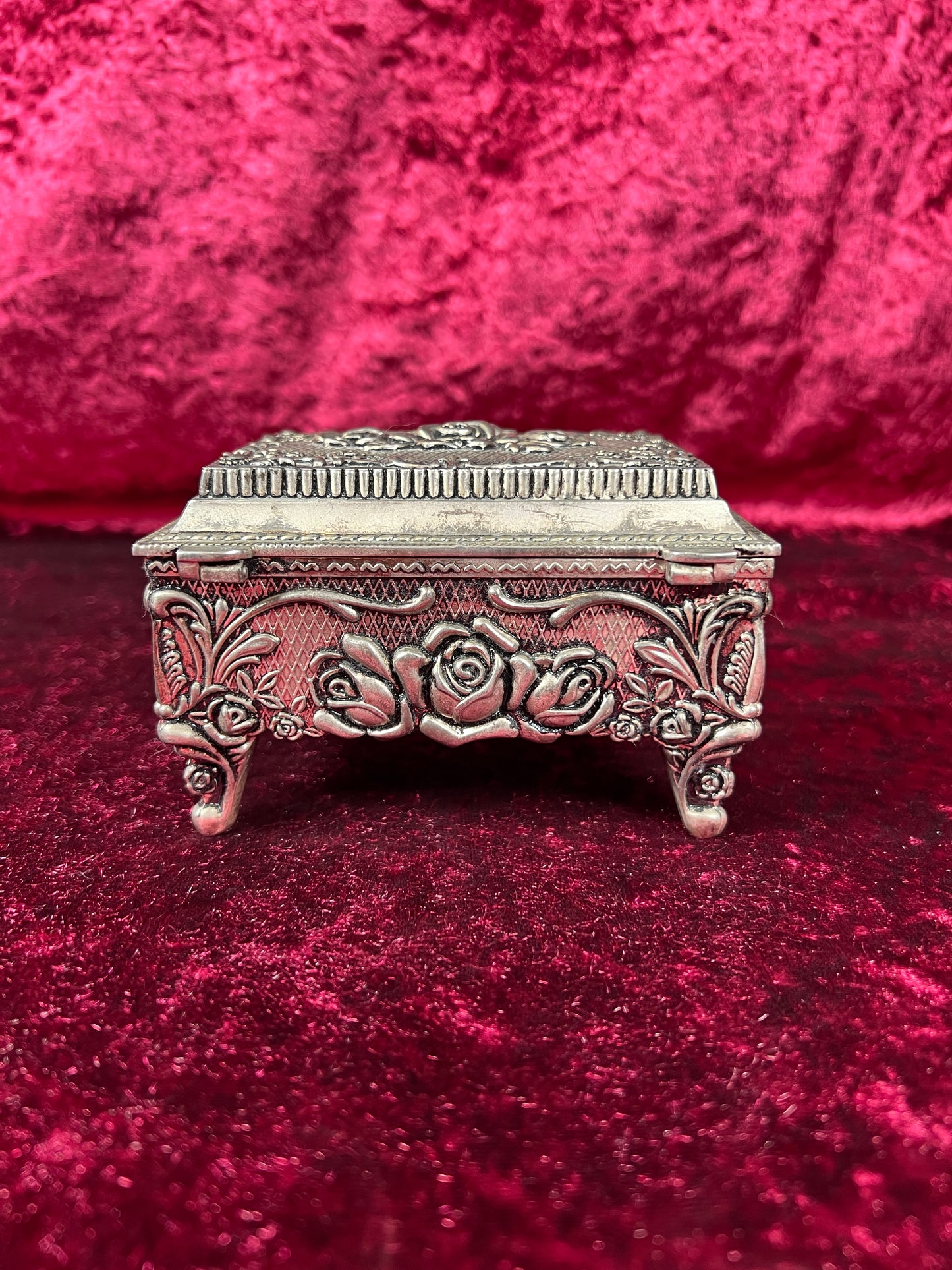 Vintage Vanity - Jewelry Box - Ornate Silver Rose Filigree - Black Velvet Lining - Footed