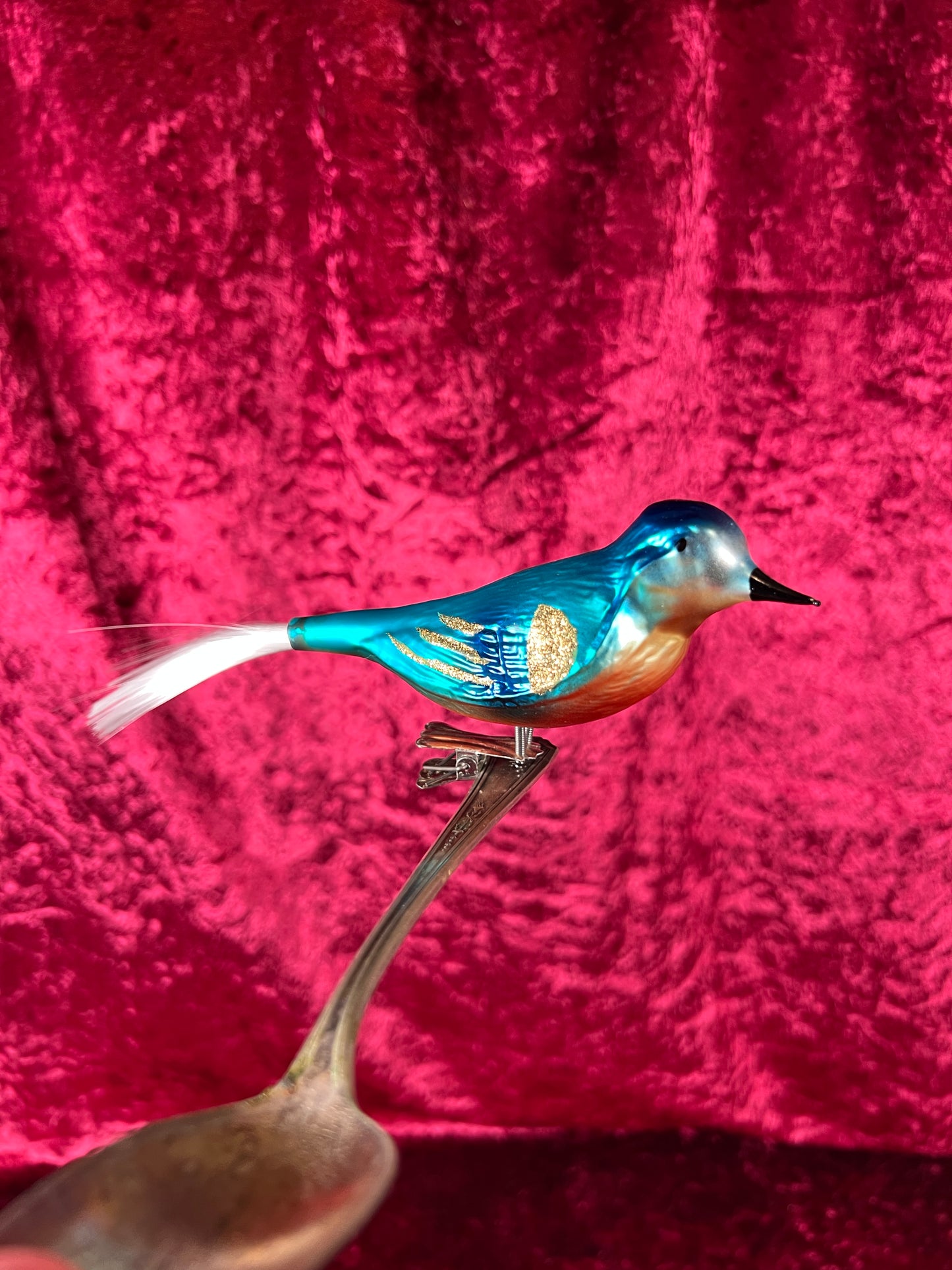 Vintage Christmas - Glass Clip-On Ornament - Blue Bird with Nylon Hair Tail
