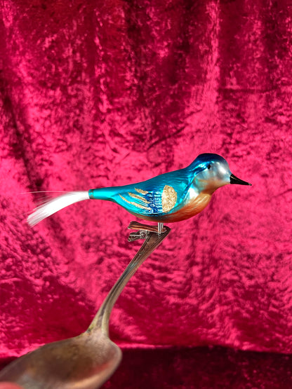 Vintage Christmas - Glass Clip-On Ornament - Blue Bird with Nylon Hair Tail