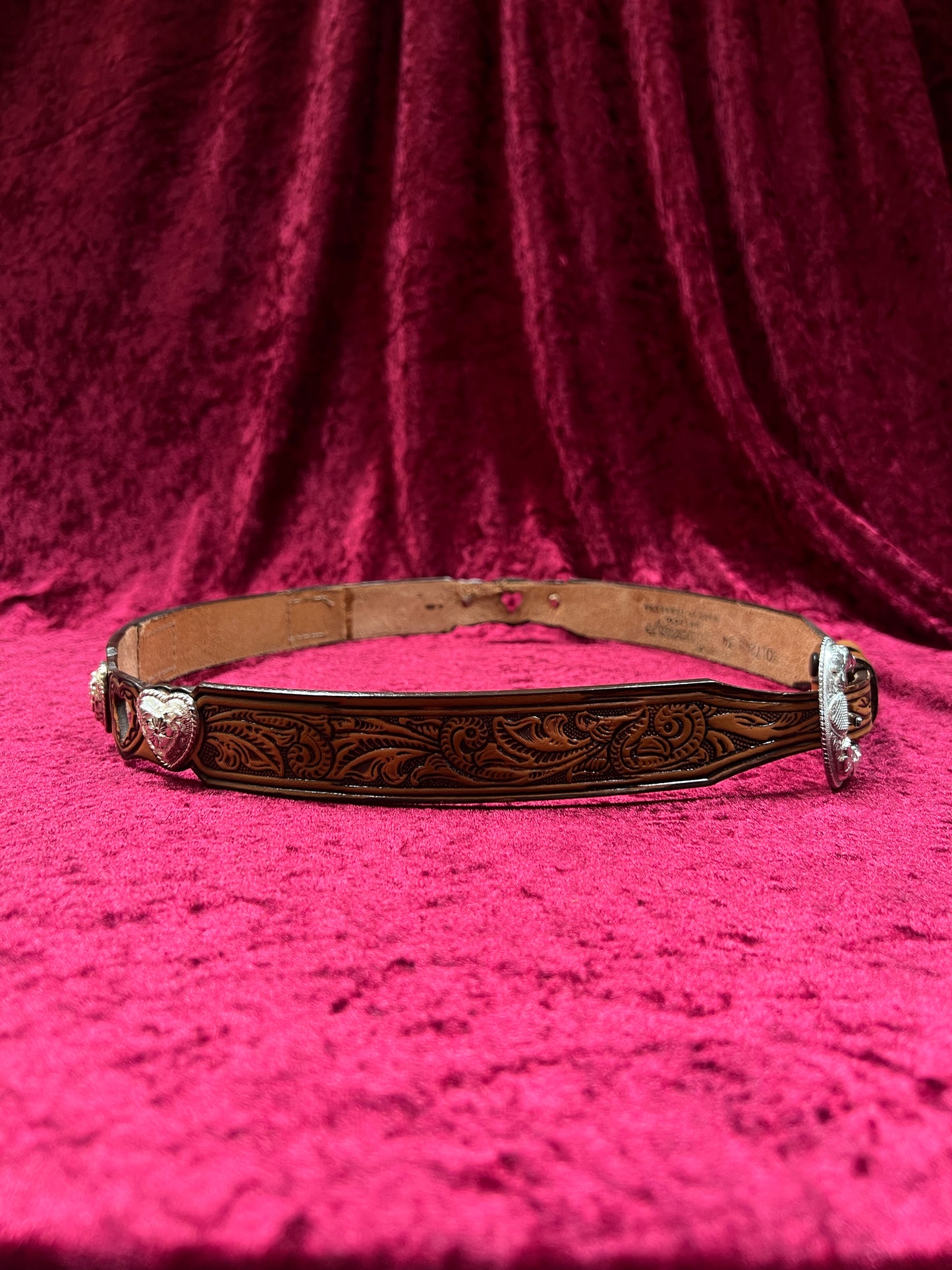 Vintage Nocona Leather Western Belt - Tooled Heart Cutout Silver Concho Belt USA Made - 34-37.75"