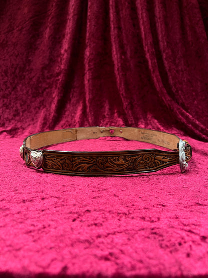 Vintage Nocona Leather Western Belt - Tooled Heart Cutout Silver Concho Belt USA Made - 34-37.75"