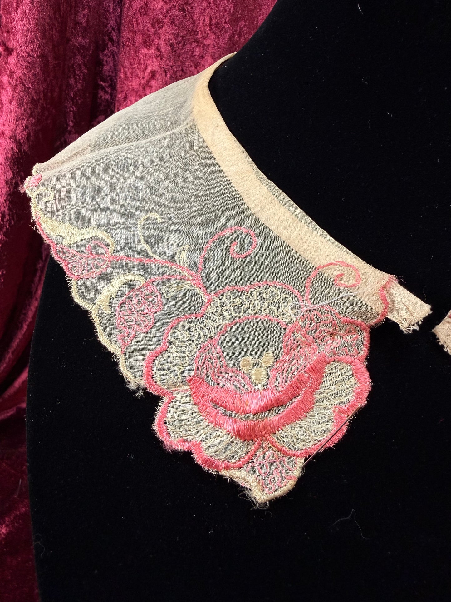 Vintage Sheer Lace Collar – Pink Embroidered Floral Pointed Overlay