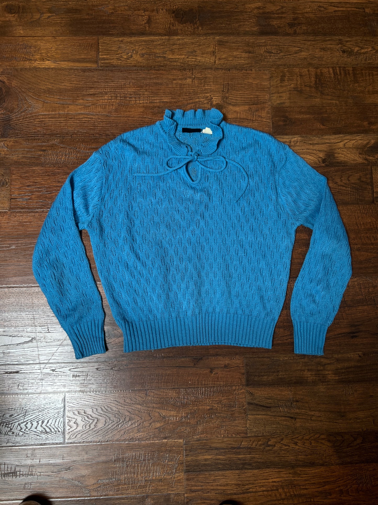 Vintage Gianni Benini Sweater - Robin's Egg Blue Open Knit Tie Neck Pullover - Medium