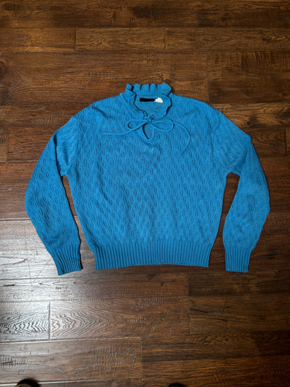 Vintage Gianni Benini Sweater - Robin's Egg Blue Open Knit Tie Neck Pullover - Medium