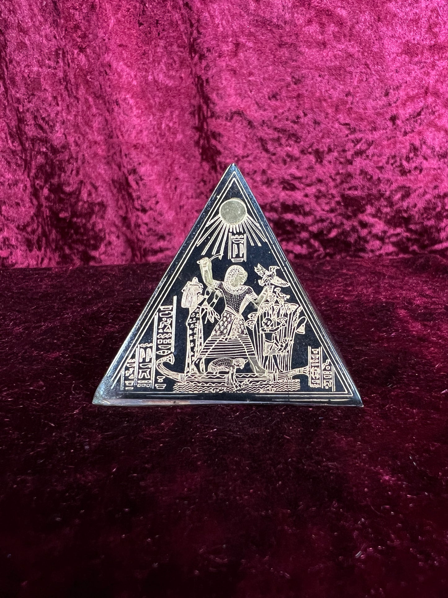 Vintage Metal Pyramid Paperweight - Gold Hieroglyphic Egyptian Souvenir