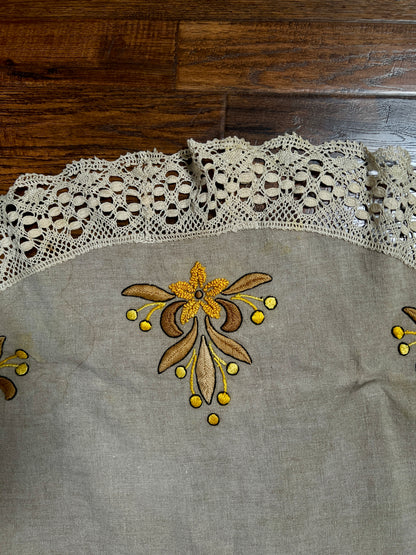Vintage Circular Linen Table Cover - Harvest Yellow Embroidered Florals Crochet Lace Trim