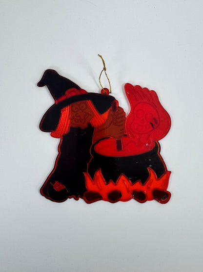 Vintage Halloween Decoration - Plastic Window Suncatcher - Witch and Cauldron