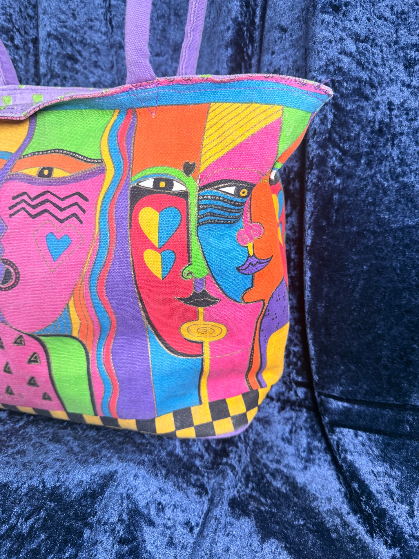 Vintage Canvas Laurel Burch Tote Bag – Kindred Spirits Faces with Purple Handles