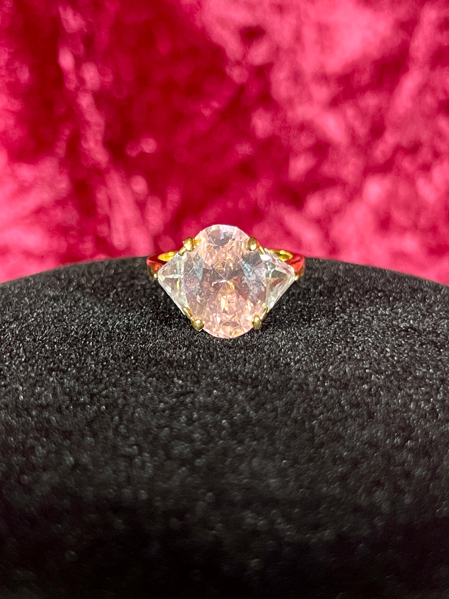 Vintage 14K HGE Cocktail Ring – Oval Cut Pink and Clear Faceted Cubic Zirconia - Size 8