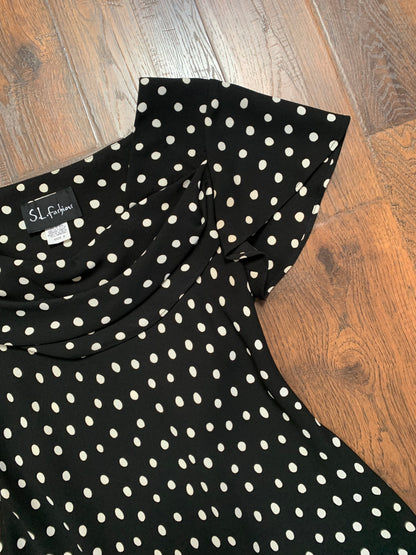 Vintage Clothing - Fit and Flare Midi Dress - Black with White Polka Dots - S.L. Fashions -  Medium