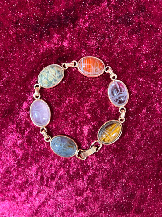 Vintage Jewelry - Bracelet - Gold Tone - Multicolor Carved Scarab Beetles - Krementz - 7"
