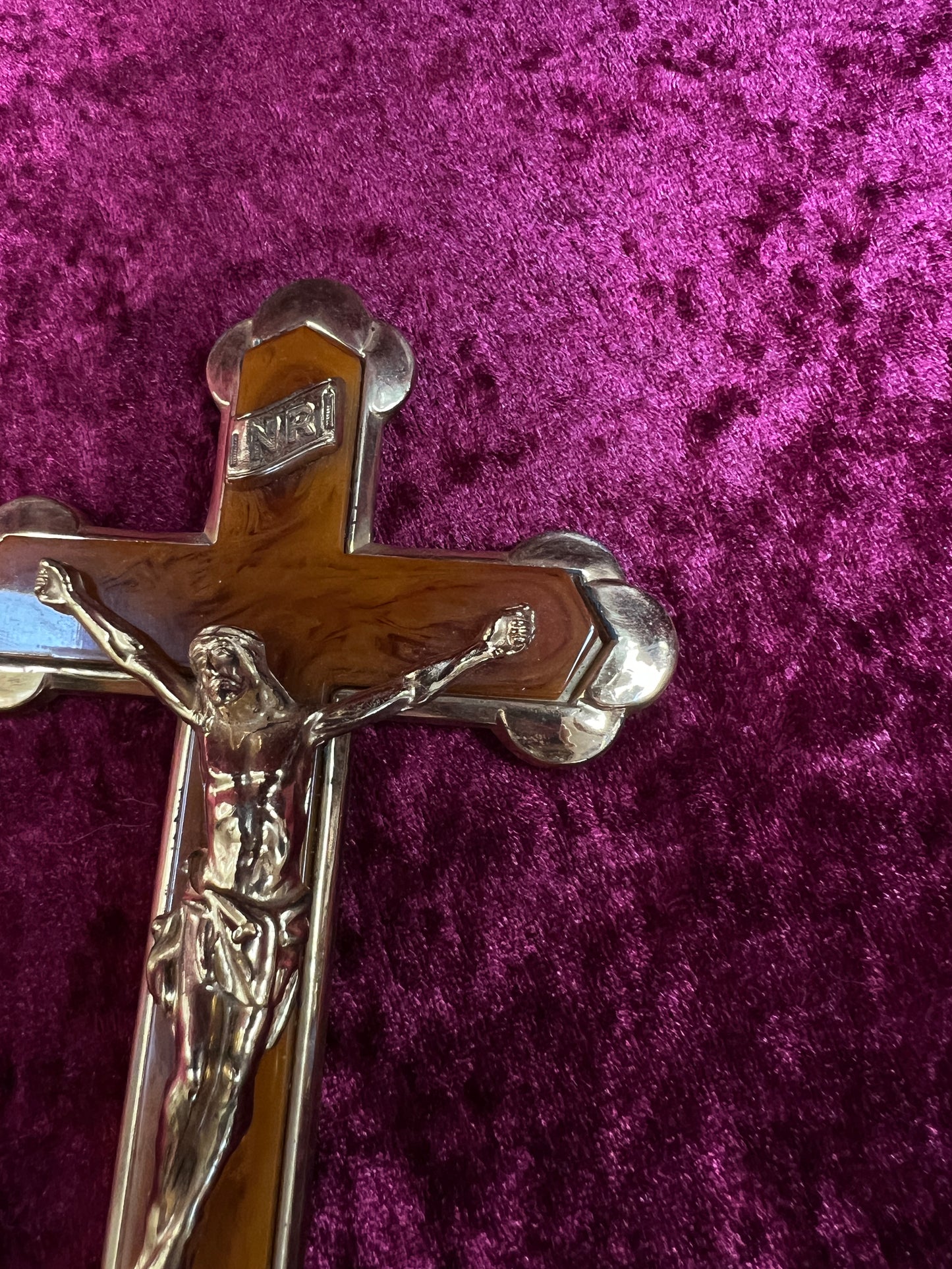 Vintage Brass Crucifix Cross - Marbled Bakelite Inlay Religious Wall Hanging