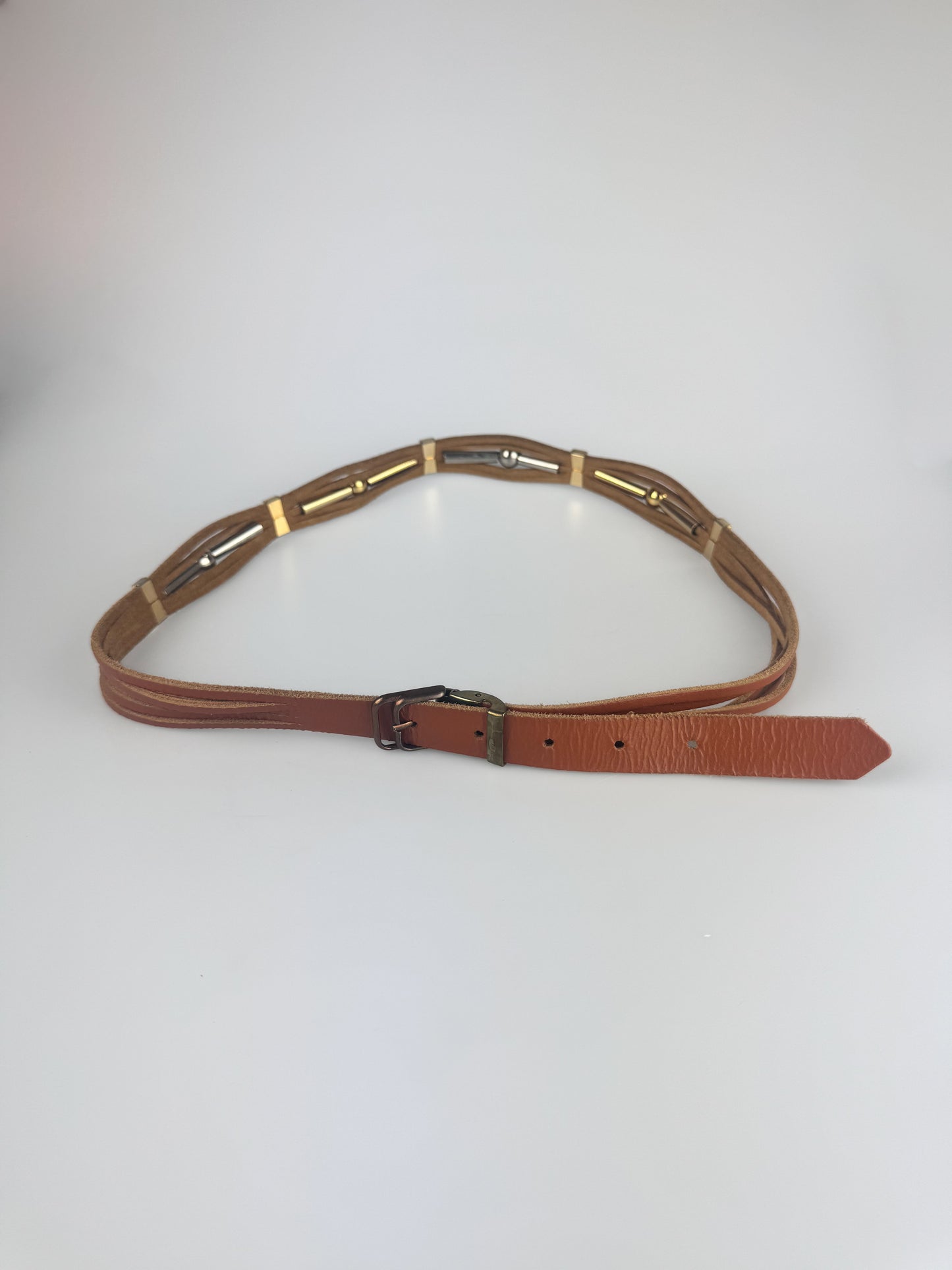 Vintage Belt - 90s HIppie Style Tan Sliced Leather with Two Tone Beads -39"