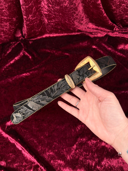 Vintage Accessories - Genuine Leather Belt - Hand Painted Leaves with Brass Hardware - M/L