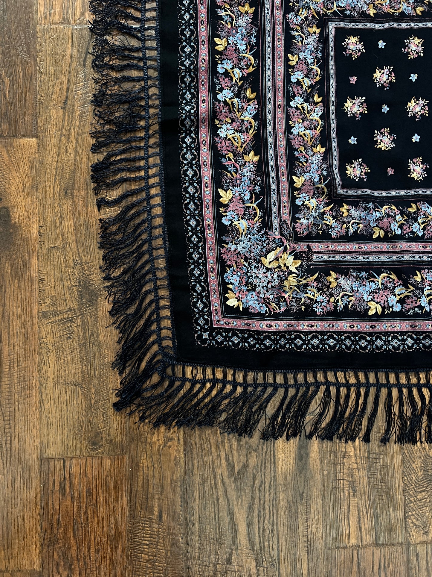 Vintage Kashmir Woole Floral Fringe Scarf - Dark Blue Square Wrap Bohemian Style