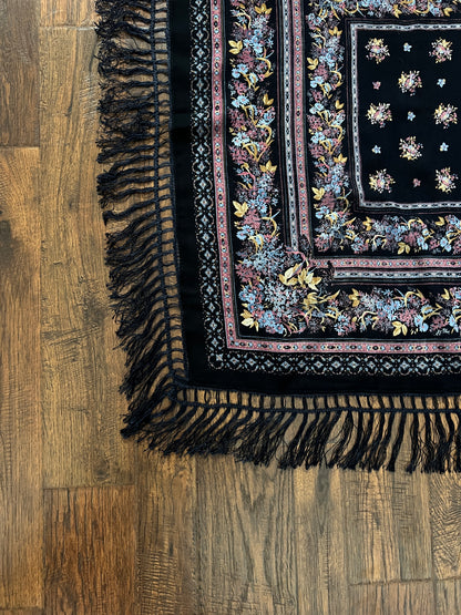 Vintage Kashmir Woole Floral Fringe Scarf - Dark Blue Square Wrap Bohemian Style