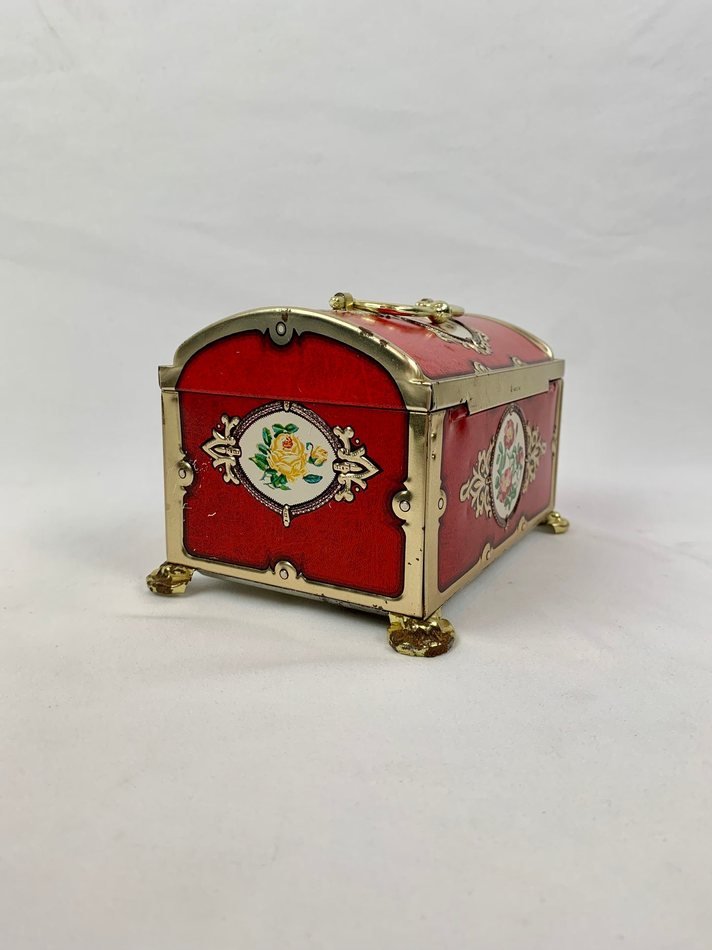 Vintage Blue Bird Confectionery Locking Treasure Box Tin with Lock & Key - Red & Gold Florals