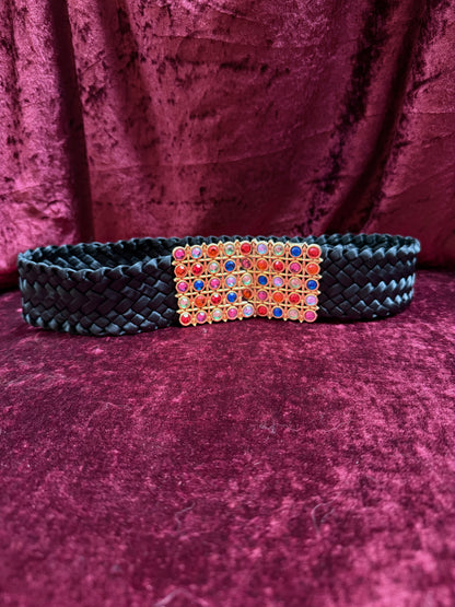 Vintage Accessories - Rainbow Gemstone Belt Buckle on Woven Black Belt - 27”