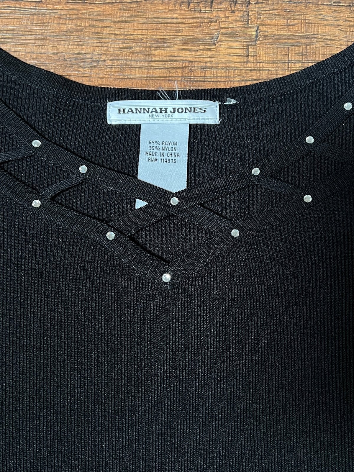 Vintage Hannah Jones Knit Top - Black Rhinestone Lattice Neckline - Medium