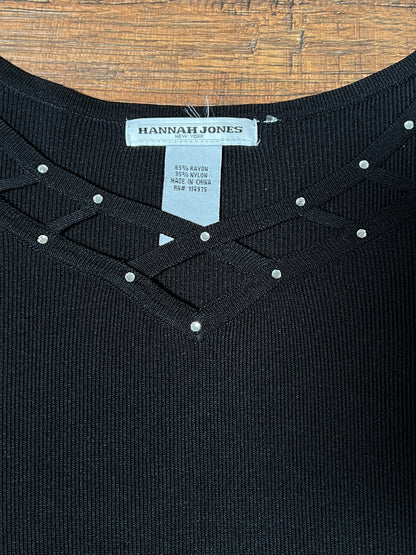 Vintage Hannah Jones Knit Top - Black Rhinestone Lattice Neckline - Medium