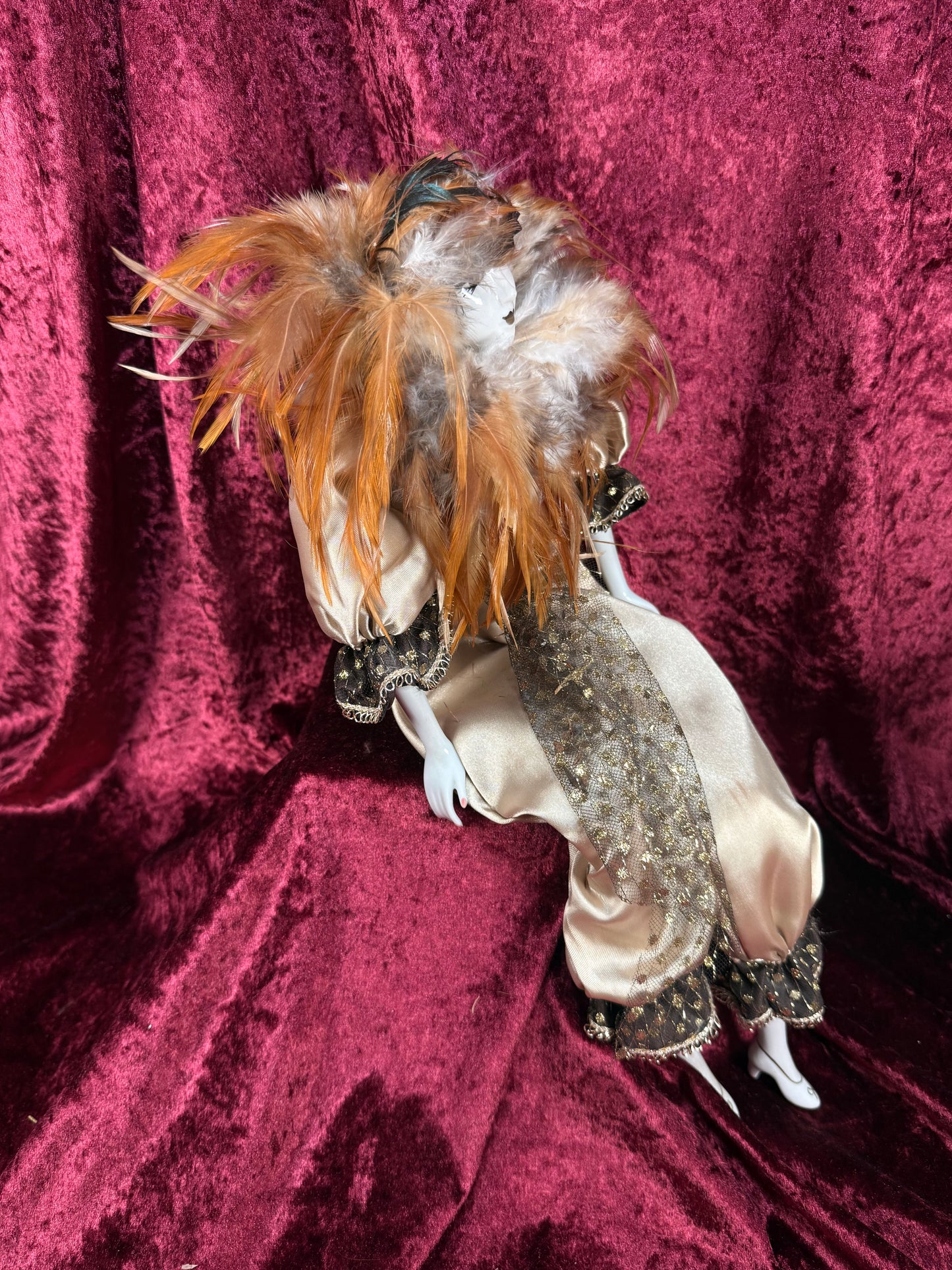 Vintage Porcelain Pierrot Doll – Feathered Collar Seated Harlequin Figure
