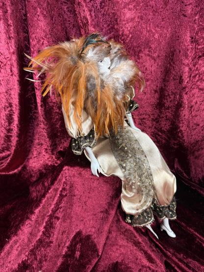 Vintage Porcelain Pierrot Doll – Feathered Collar Seated Harlequin Figure